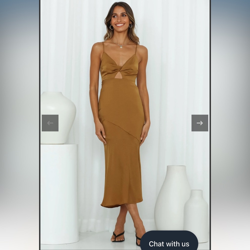 Twist-Front Midi Slip Dress in Caramel